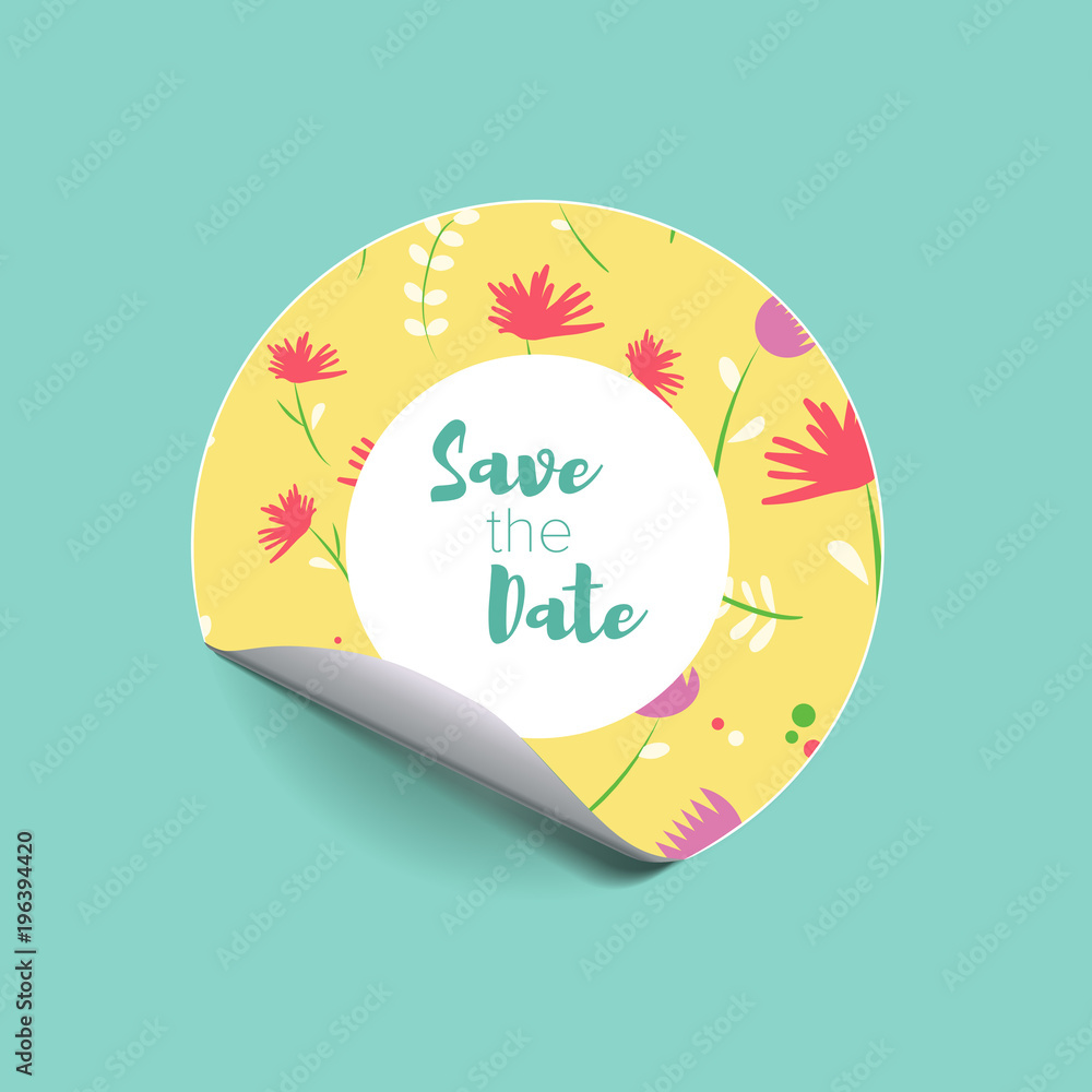 Save the date sticker with floral elements and text design.
