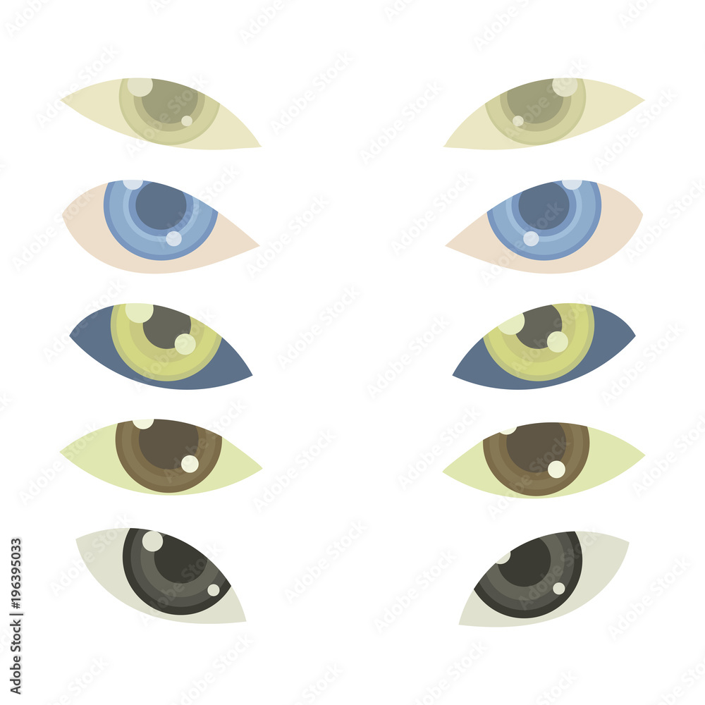 Obraz premium 5 vector pairs of eyes with multicolored irises or lenses isolated on white background