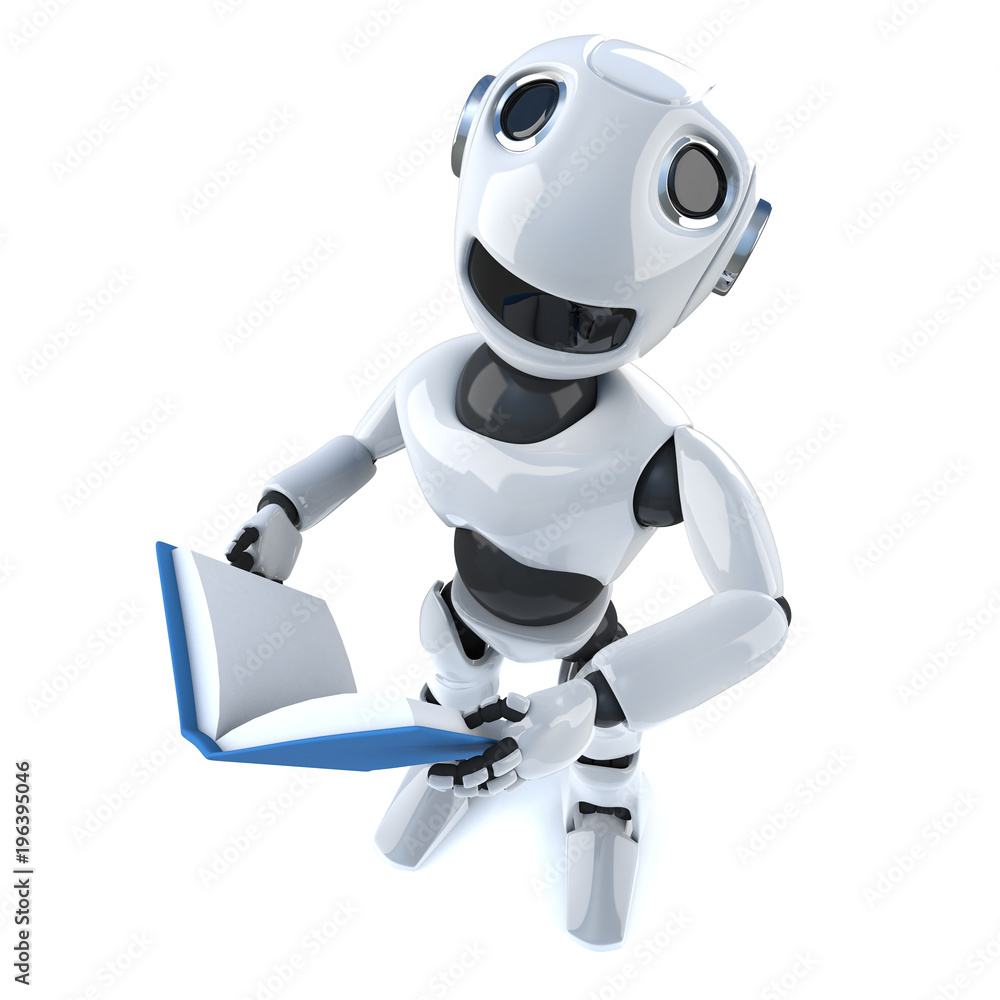 3d Funny cartoon mechanical robot character reading a book 3d Funny cartoon mechanical robot character reading a book