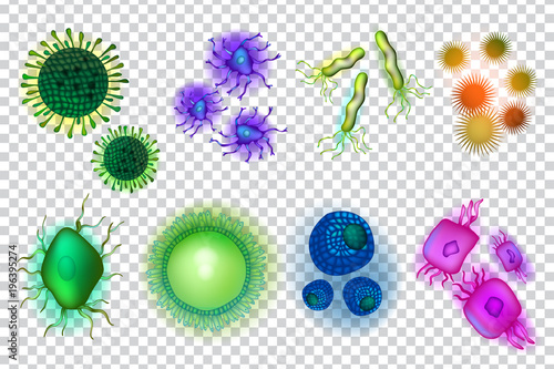 Microscopic various shape viruses and bacteria. 3d