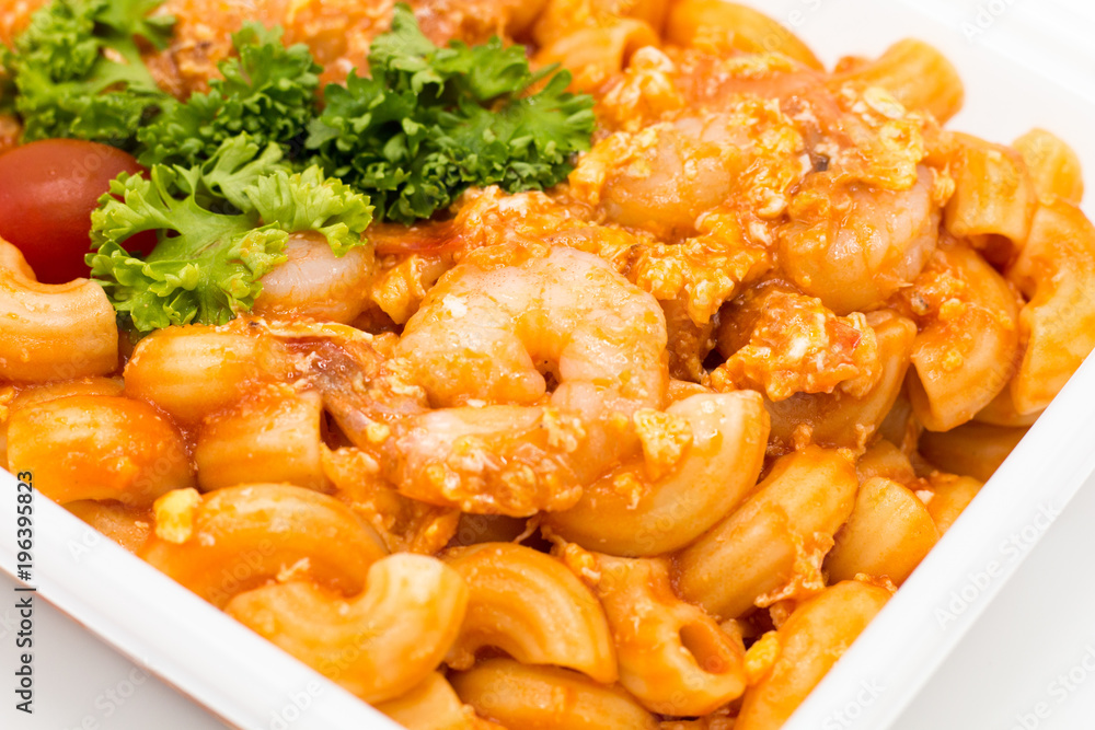 Cost-up Stir fried macaroni with prawn box set isolated on white background. It copy space and selection focus. Cost-up Stir fried macaroni with prawn box set isolated on white background. It copy space and selection focus.