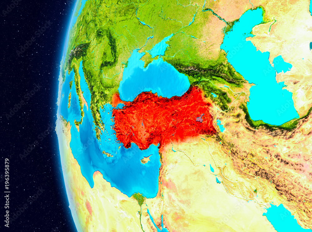 Space view of Turkey in red