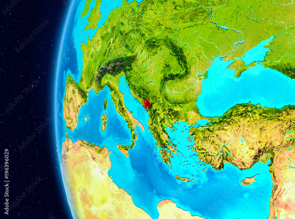 Space view of Montenegro in red
