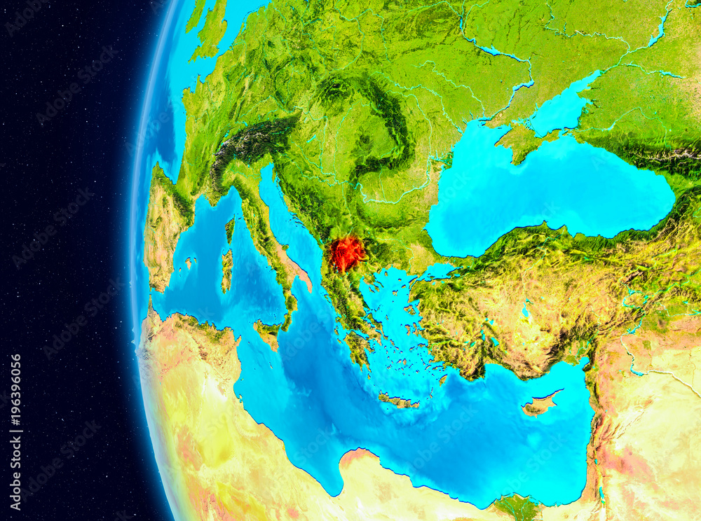 Space view of Macedonia in red