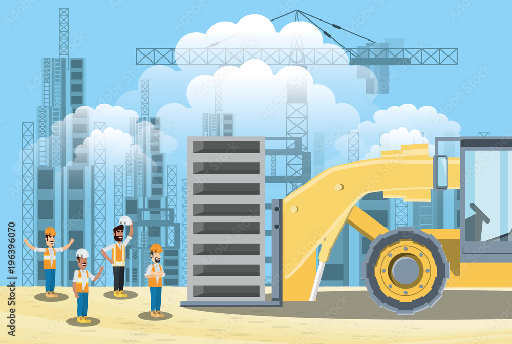 Under construction zone with builders and forklift truck, colorful design vector illustration