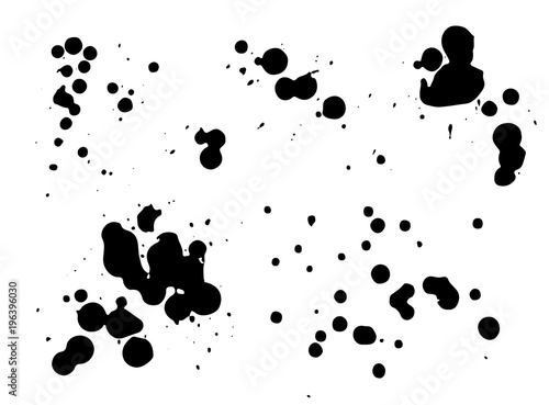 Black paint, ink splash, brushes ink droplets, blots. Black ink splatter grunge  background, isolated on white. Vector illustration