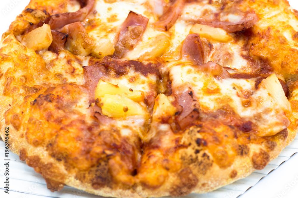 Cost-up Hawaiian pizza box set isolated on white background. It copy space and selection focus. Cost-up Hawaiian pizza box set isolated on white background. It copy space and selection focus.