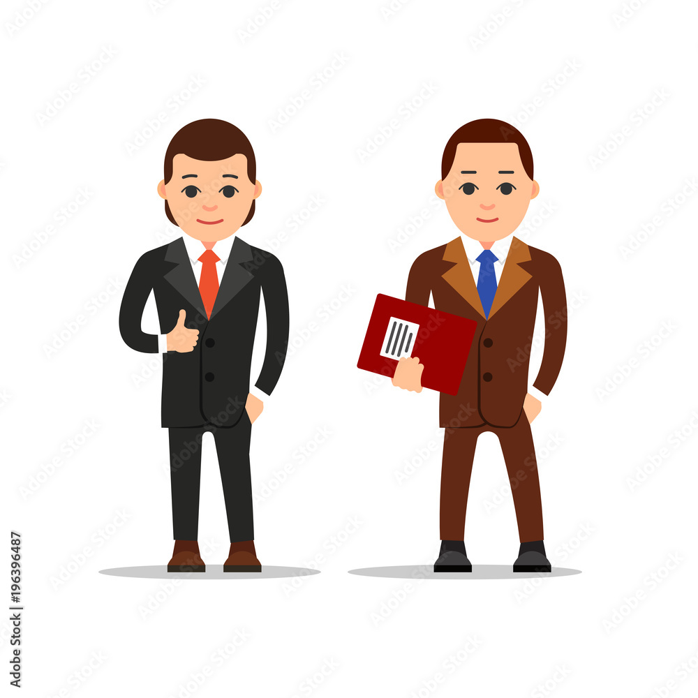 Business man. Businessman stand and holds hand in trouser pocket. Second businessman holds folder with documents in hand. Set cartoon illustration isolated on white background in flat style Business man. Businessman stand and holds hand in trouser pocket. Second businessman holds folder with documents in hand. Set cartoon illustration isolated on white background in flat style