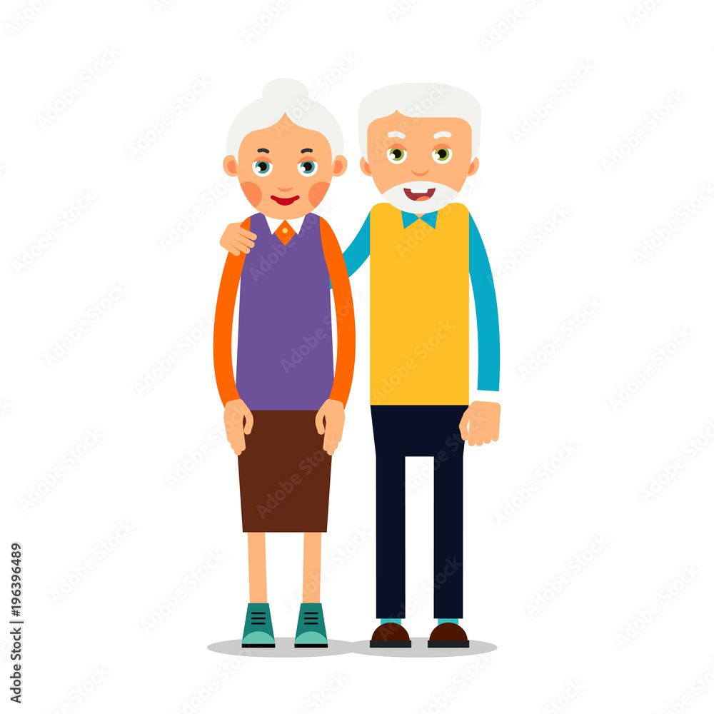 Couple older people. Two aged people stand. Elderly man and woman stand together and hug each other. Illustration isolated on white background in flat style