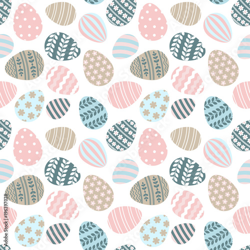 Happy Easter seamless pattern greeting card with decorated painted Easter eggs. Vector Illustration flat style design for invitations, prints, wrapping paper