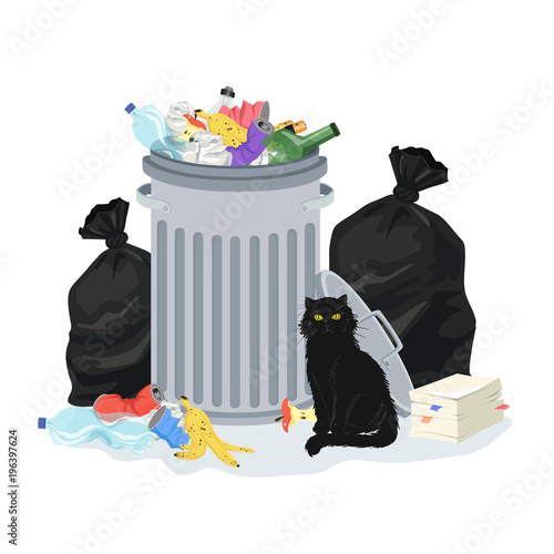 Environment polution concept. Garbage pile with trash container and trash bags, full of household waste. Black cat sitting by the garbage stack. Vector illustration.