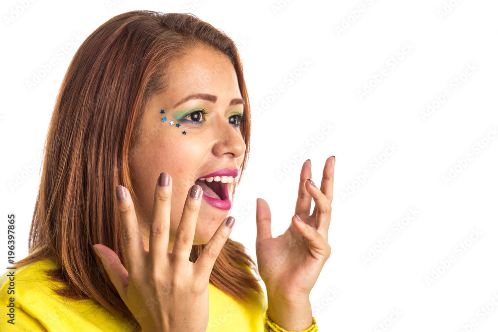 Fototapeta premium Brazilian woman fan celebrating on football match on white background. Brazil colors.