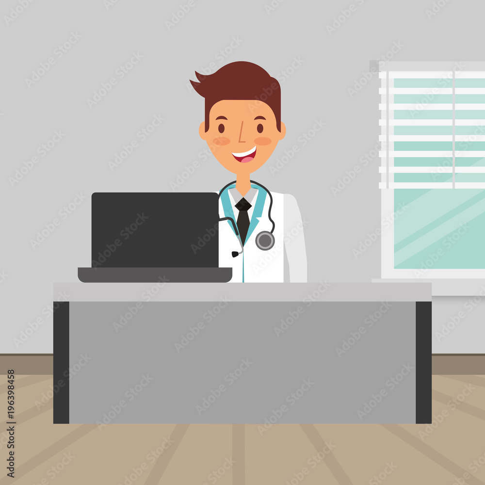 doctor sitting in consultation room with pc medical health vector illustration