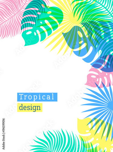 Tropical Flowers and Palms Summer Background with copy space. Flat style illu...