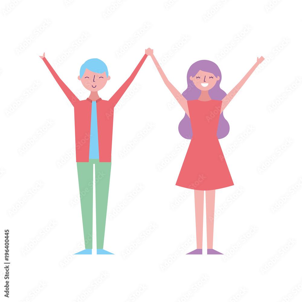 couple of young raised arms people characters vector illustration couple of young raised arms people characters vector illustration
