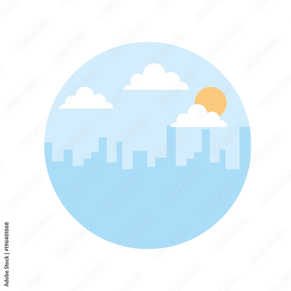 landscape urban city building morning clouds sun vector illustration