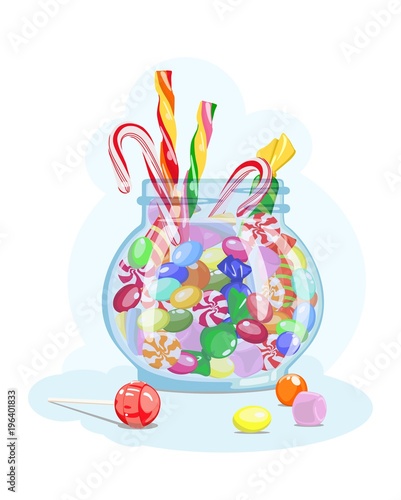 Assorted sweets in jar. Sweet-toothed. Vector illustration