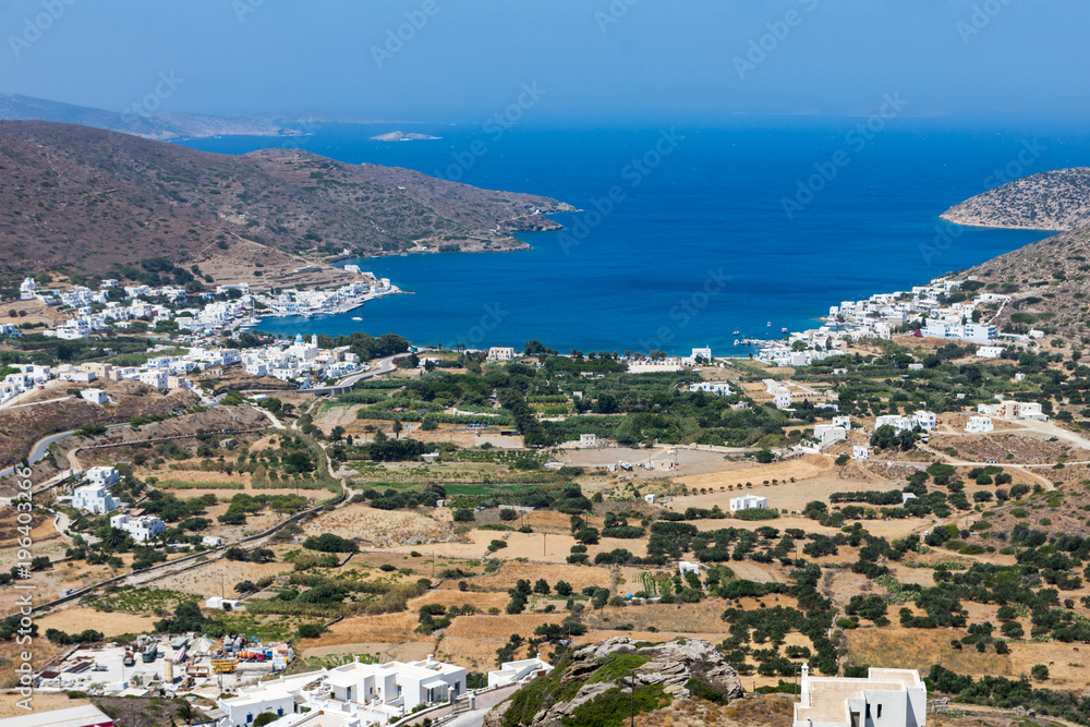 Panoramic view from the port of Amorgos.the largest natural harbor of Cyclades