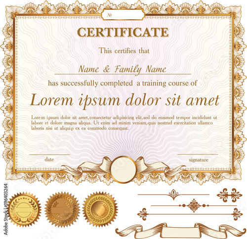 Vector gold certificate or coupon template with additional design elements