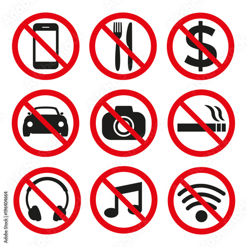 Prohibition signs set safety on white background.