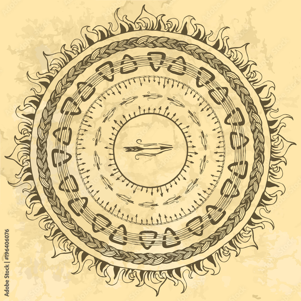 set of stylized round frameworks from hand drawing Scandinavian Viking motifs, folk ornamental borders