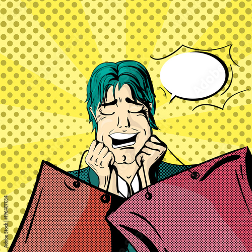 comic pop-art illustration of the happy man holds shopping bags