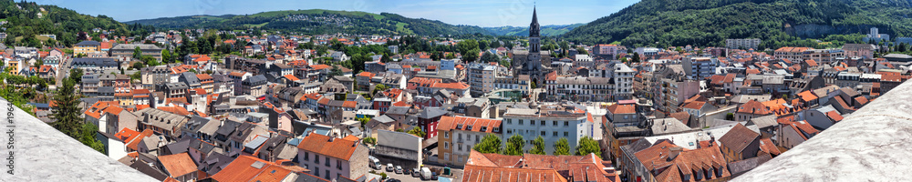 Panoramic view of the city Lourdes, the Hautes-Pyrenees department in the Occitanie region in south-western France.