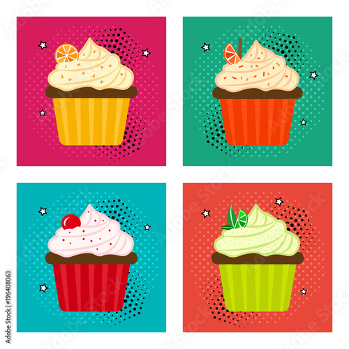 Sweet dessert. Set of fruit cupcake icons in pop art style. Vector illustration