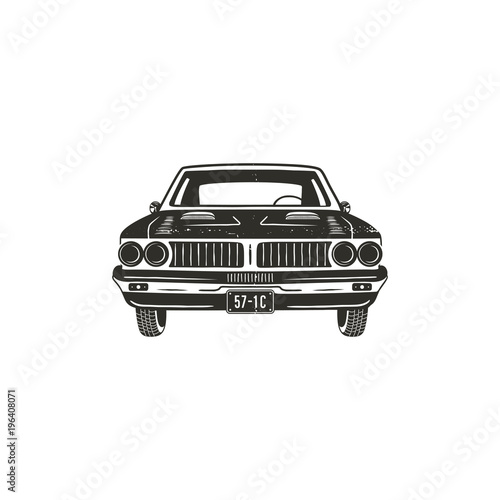 Vintage hand drawn muscle car. Retro car symbol design. Classic car emblem isolated on white background. Stock vector elements. American auto icon. USA automotive theme