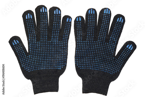 Black fabric work gloves with plastic coating isolated on white background