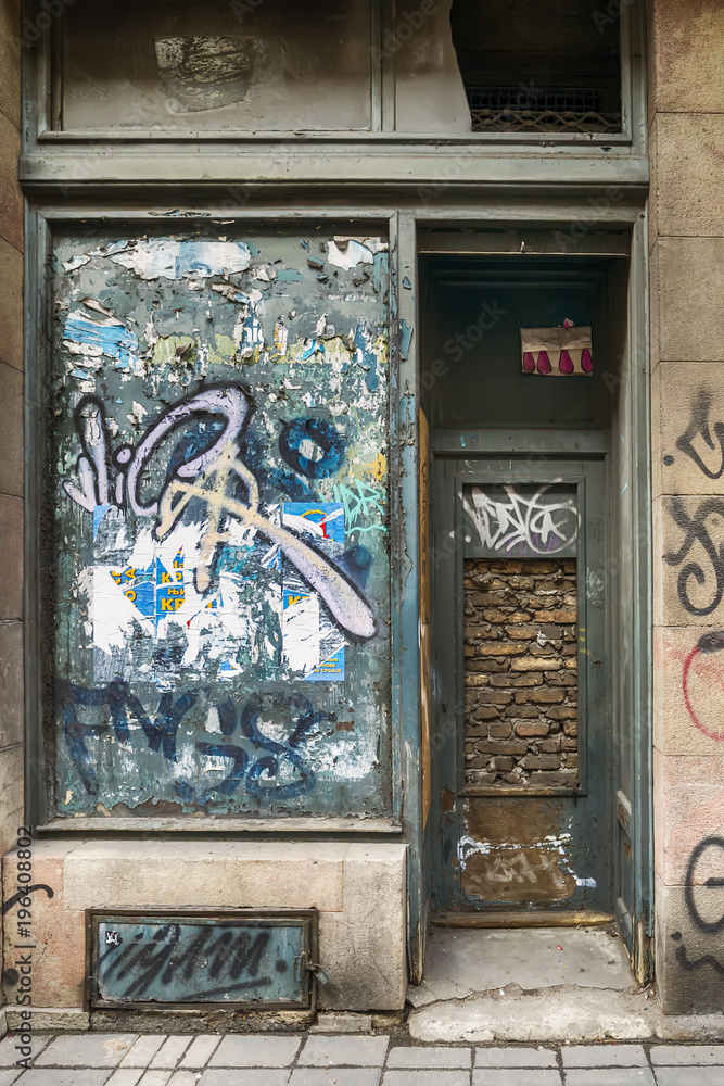 Naklejka premium Belgrade, Serbia March 12, 2018: Bricked Up Doorway in the center of Belgrade in Svetogorska Street.