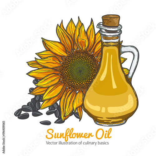 illustration with a sunflower oil and sunflower seeds, glass oil vessels.
