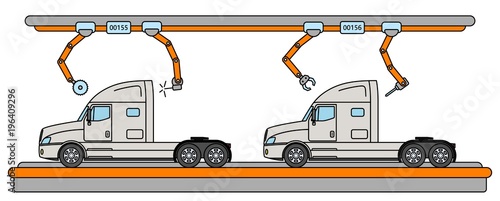 Thin line style truck assembly line. Automatic transport production conveyor.