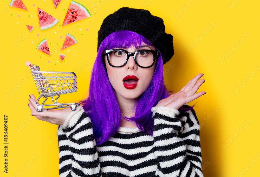 woman with purple hair and shopping cart woman with purple hair and shopping cart