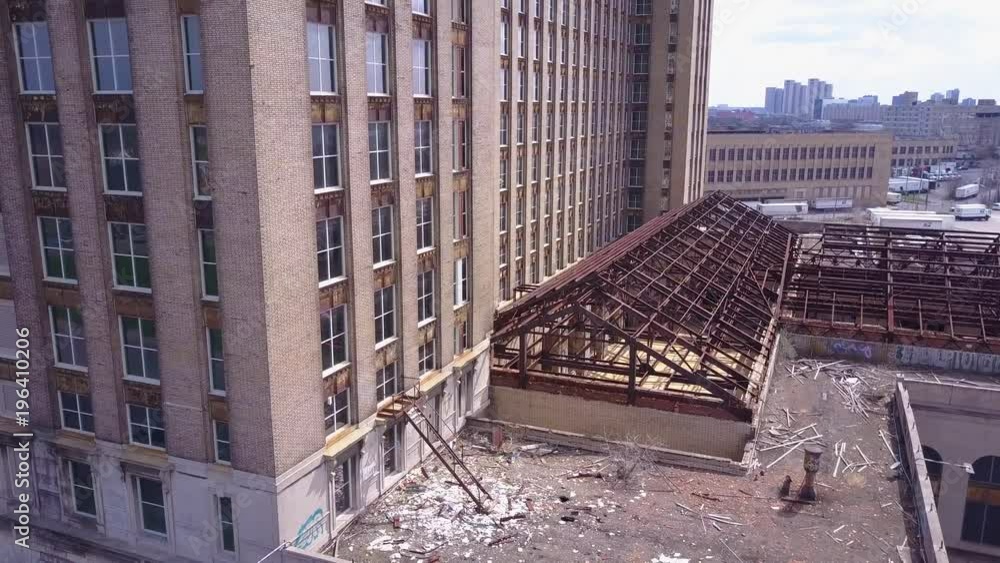 Slow rising aerial of the exterior of the abandoned central train station in Detroit, Michigan. Slow rising aerial of the exterior of the abandoned central train station in Detroit, Michigan.