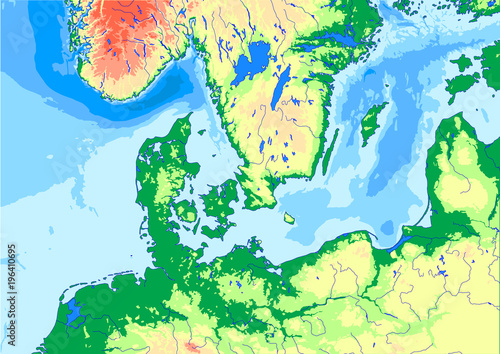 Denmark, Baltic Sea and North Sea region physical map.