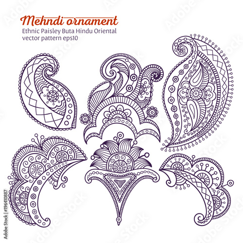 Set of mehndi vector pattern,  ethnic paisley buta hindu oriental ornament, purple curl, floral motif