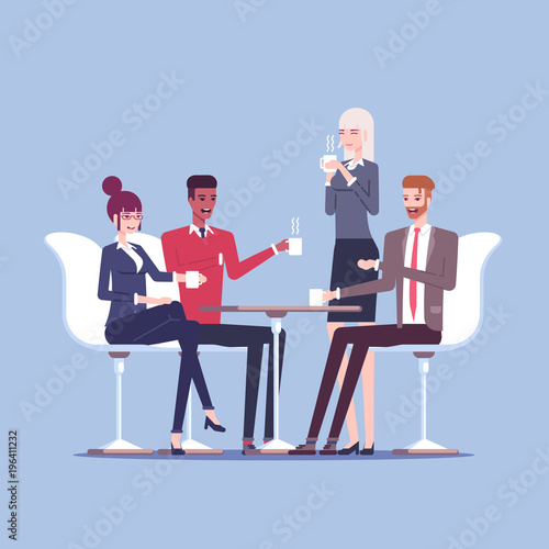 Businessmen and businesswomen having coffee break vector flat illustration. Group of business people sitting at the table, drinking coffee and talking. Lunch break in the office or business meeting