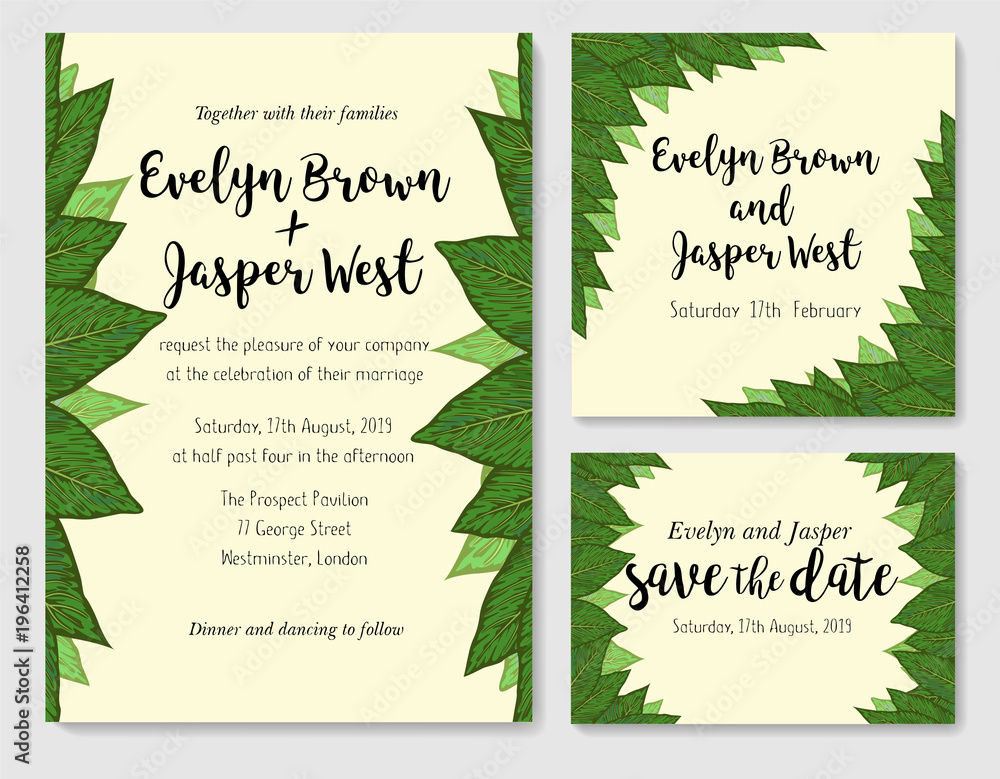 Wedding invite, invitation rsvp thank you card vector floral greenery design: tropical evergreen leaves dieffenbachia, foliage herbs elegant frame border