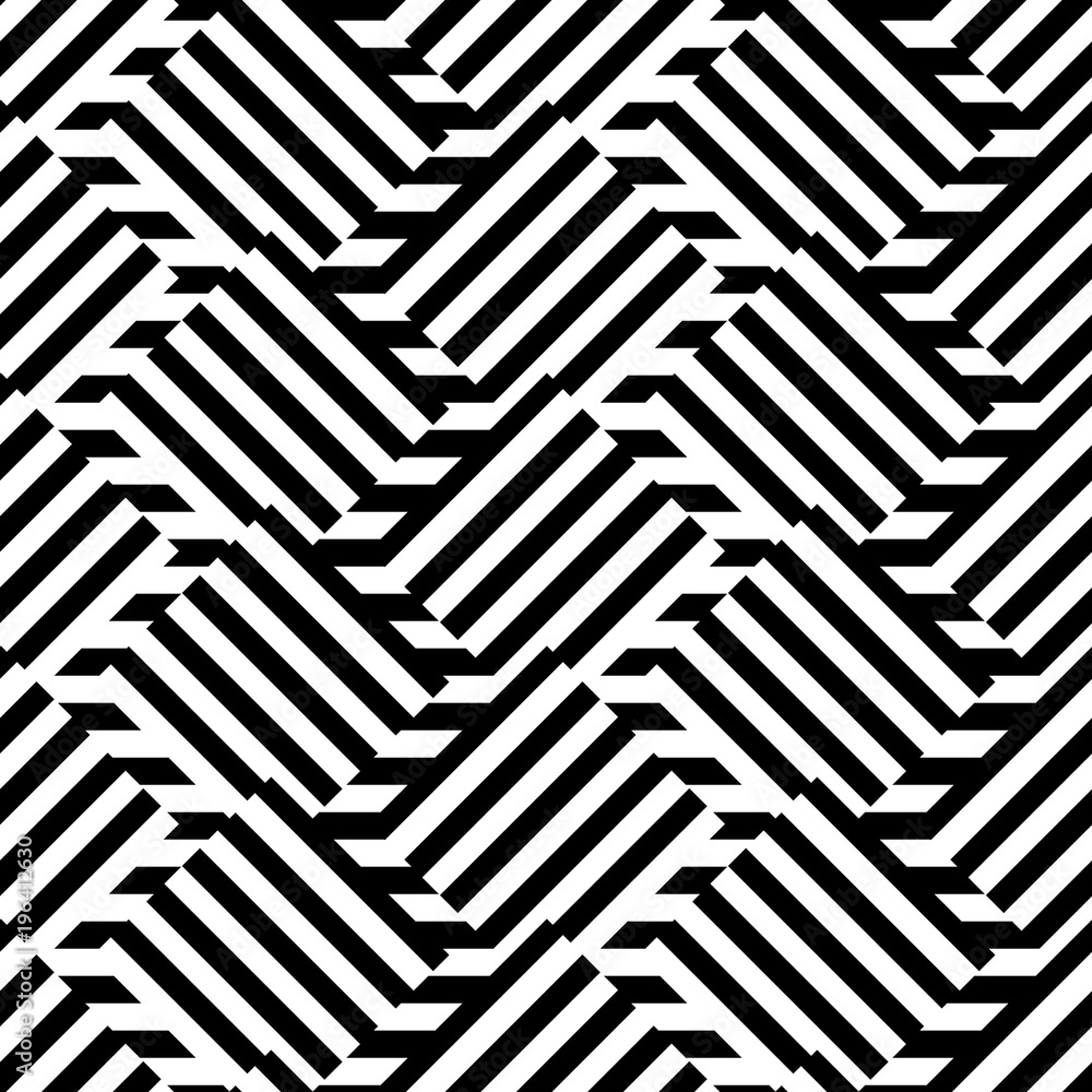Geometric seamless black and white background with stripes. For the design of packaging, wallpaper, fabric, web. Visual distortion. Geometric seamless black and white background with stripes. For the design of packaging, wallpaper, fabric, web. Visual distortion.