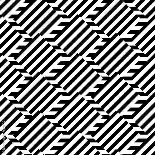 Geometric seamless black and white background with stripes. For the design of packaging, wallpaper, fabric, web. Visual distortion.