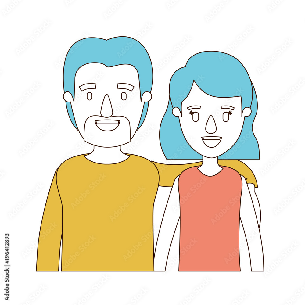 caricature color sections and blue hair of half body couple woman with short hairstyle and bearded man vector illustration caricature color sections and blue hair of half body couple woman with short hairstyle and bearded man vector illustration