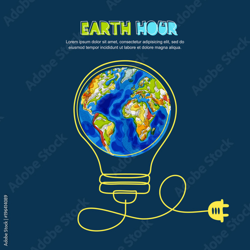 Energy saving and Earth hour concept. Vector doodle hand drawn illustration of green Earth planet in light bulb shape on dark blue background. Renewable energy and environmental.