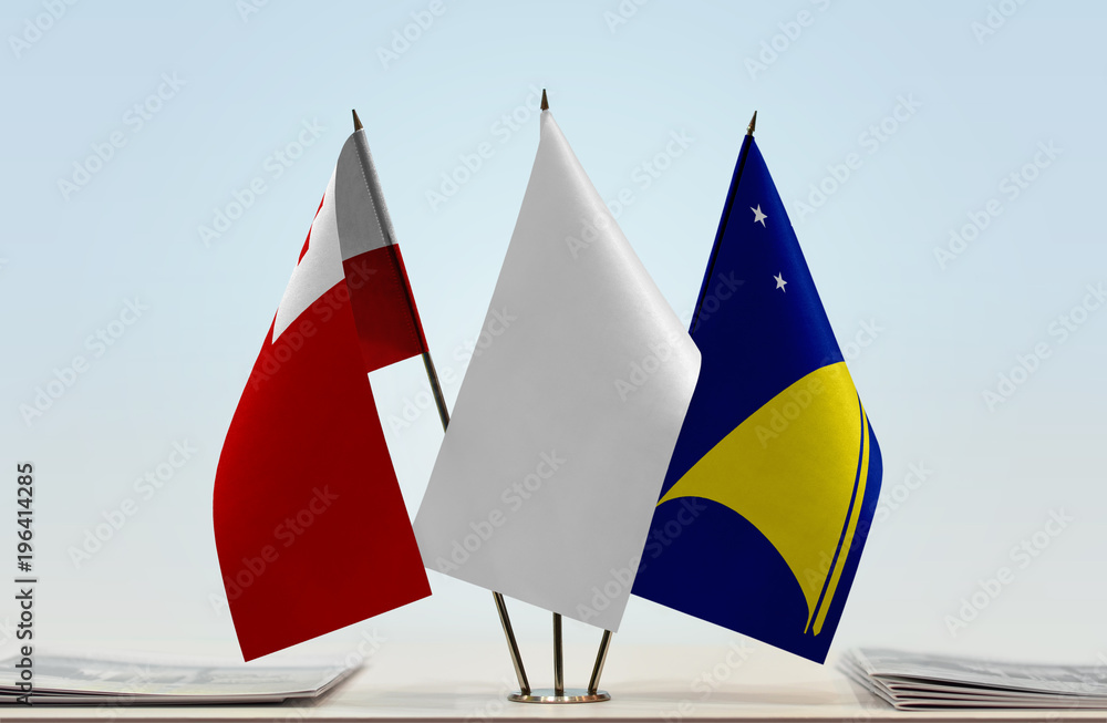 Flags of Tonga and Tokelau with a white flag in the middle