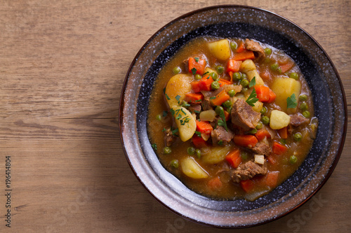 Traditional Irish lamb stew. Nutritious savory dish, popular in Ireland. View from above, top