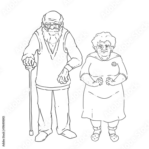Vector illustration of an elderly couple. An old man with glasses and a cane, an old woman with arthrosis of hands.