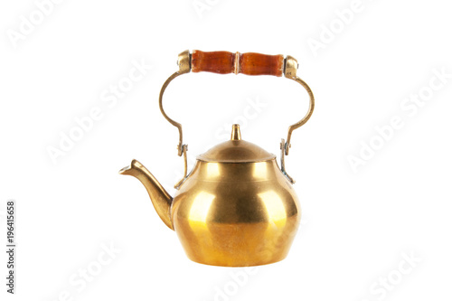 Vintage brass teapot isolated on white