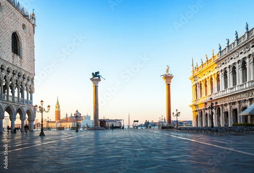 Early morning in San Marco square, Venice, Italy. Stock photo.
