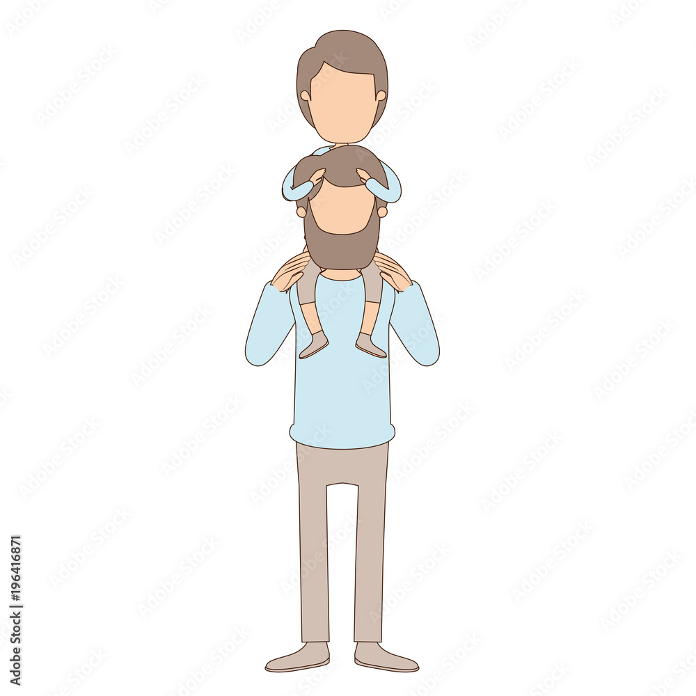 light color caricature faceless father with moustache and boy on his back vector illustration