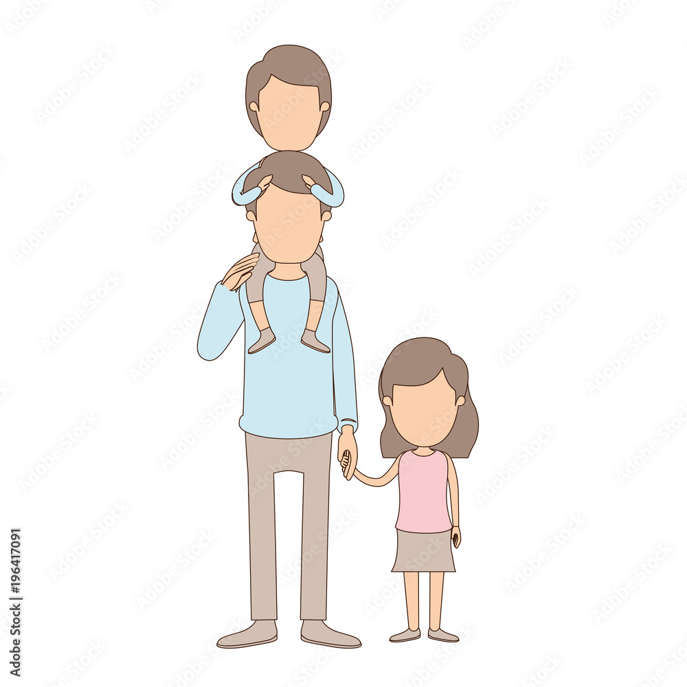light color caricature faceless dad with boy on his back and girl taken hands vector illustration light color caricature faceless dad with boy on his back and girl taken hands vector illustration